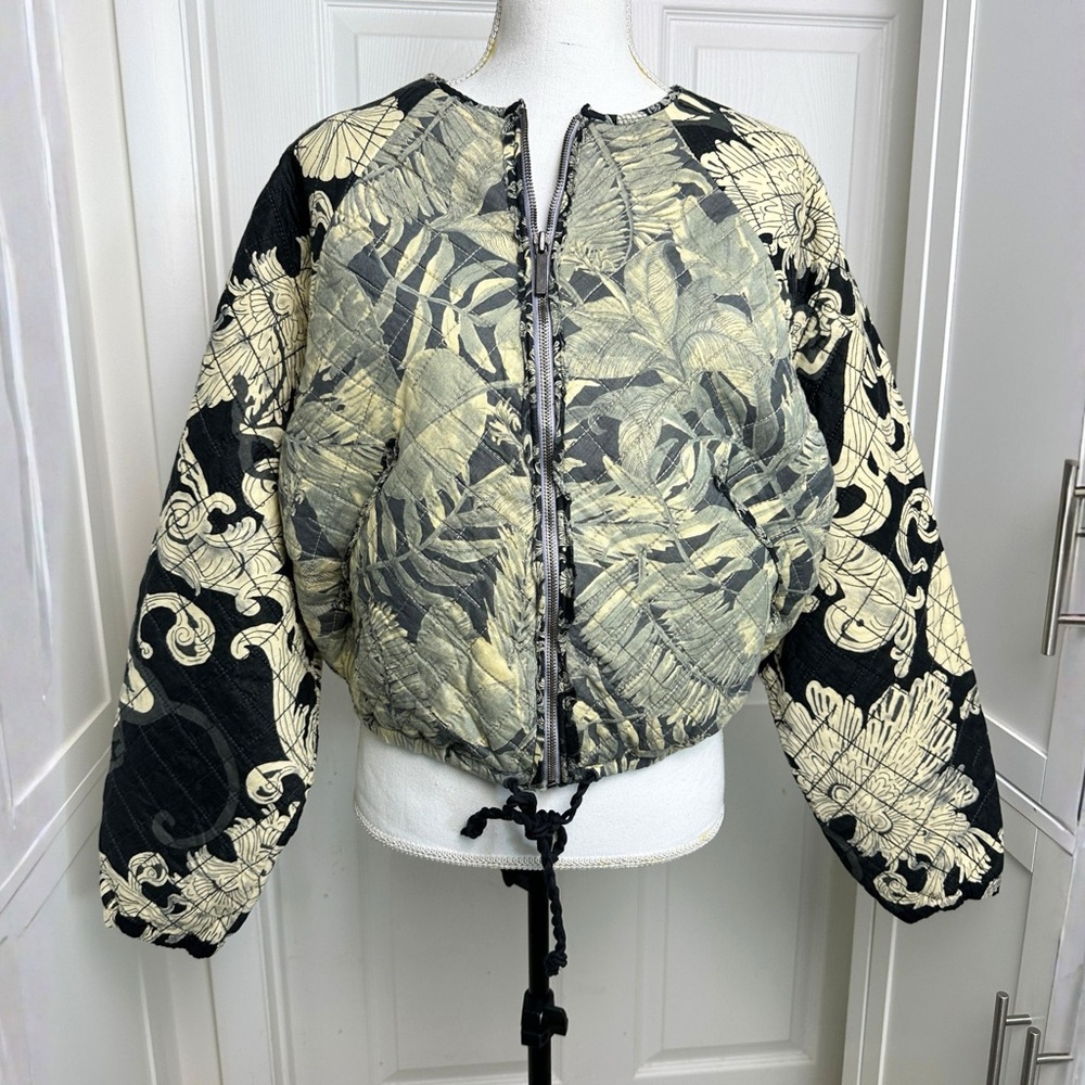 H&M Black and Cream Quilted Floral Bomber Jacket